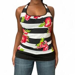 Black & White Striped Floral Halter Top, Medium